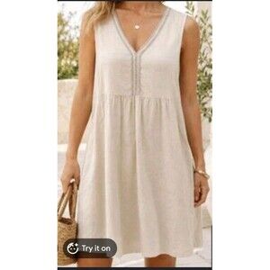 Terzo Millennio Women’s Dress Linen Cotton Blend Silver Braid Beach Resort Large